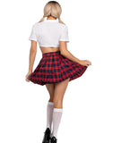 Back of crop top and pleated skirt with white knee hi socks